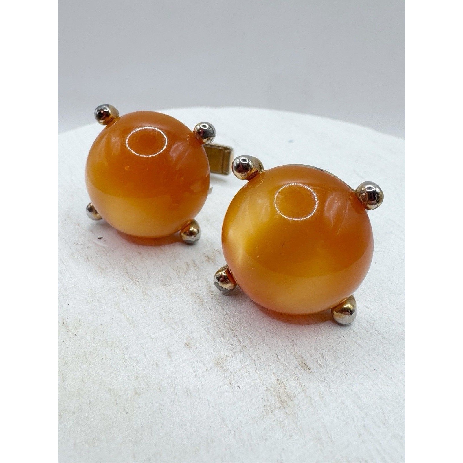 Vtg Orange Moon Glow Thermoset Cabochon Round Cufflinks Menswear Mcm Mid Century